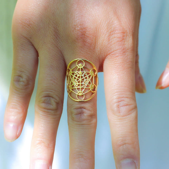 Anillo ajustable de acero inoxidable con símbolo del cubo de Metatrón de Olivenorma 