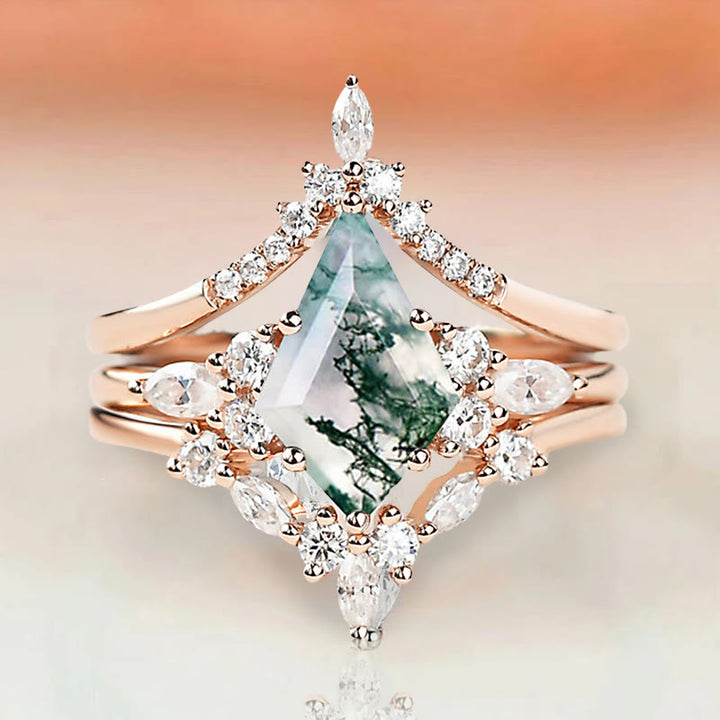Juego de 3 anillos de ágata musgosa natural "Sense Of Tranquillity" de Olivenorma