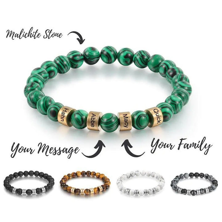Pulsera de hombre personalizada con cuentas grabadas en piedra natural de Olivenorma