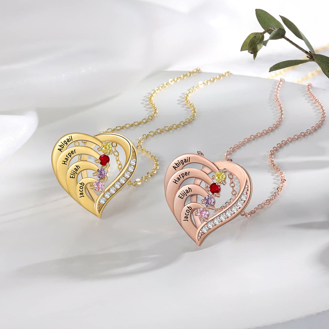 Collar con corazón grabado y piedras de nacimiento personalizadas de Olivenorma