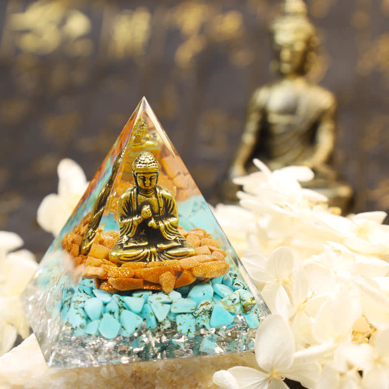 Pirámide de orgón de Buda de color turquesa y arenisca de Olivenorma 