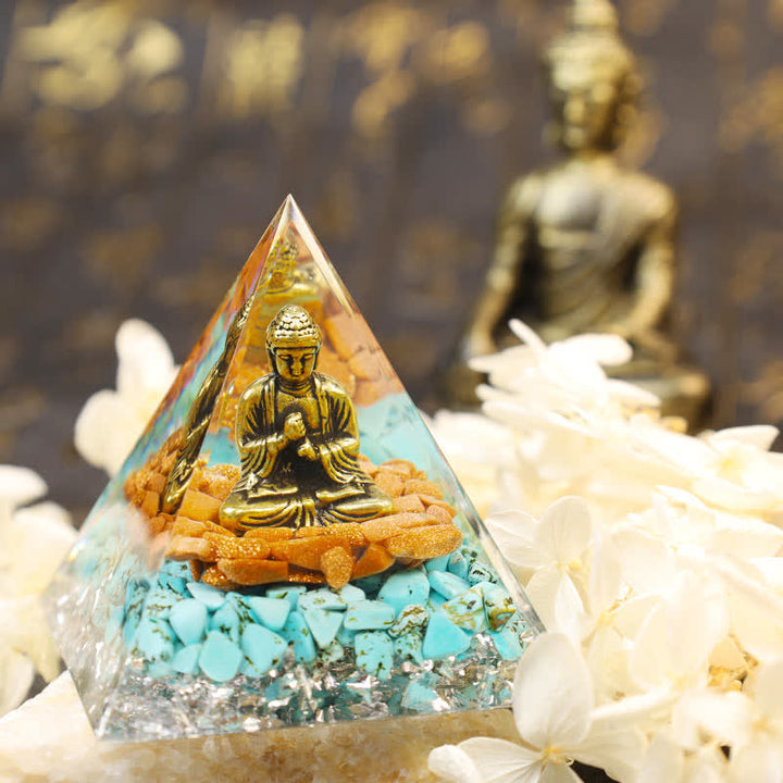 Pirámide de orgón de Buda de color turquesa y arenisca de Olivenorma 