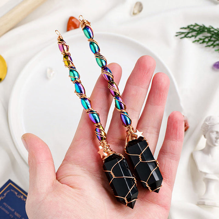 Varitas mágicas de cristal enrolladas con alambre de oro y obsidiana de Olivenorma 