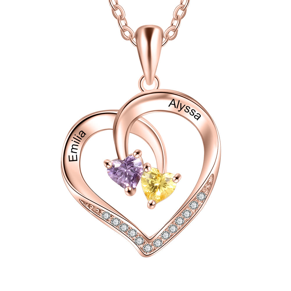 Collar con nombre grabado y dos piedras de nacimiento con promesa de corazón personalizado de Olivenorma