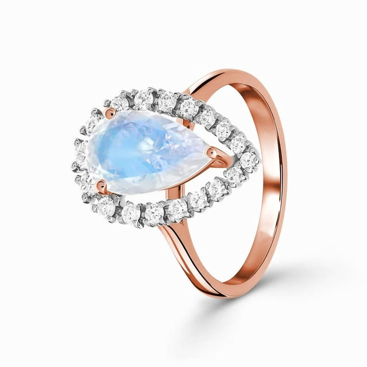 Anillo de oro rosa S925 con circonita blanca y piedra lunar en forma de gota de agua de Olivenorma