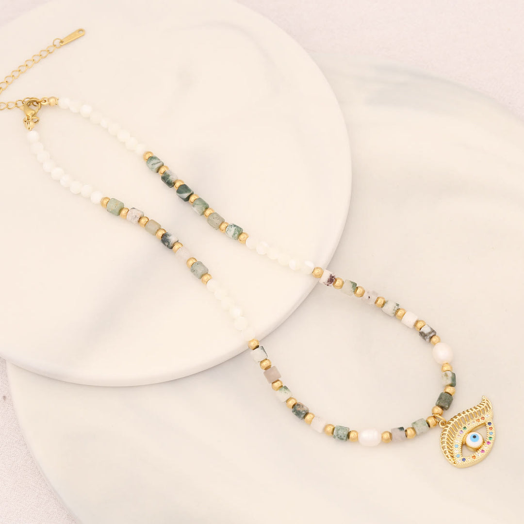 Collar con colgante de ojo malvado con piedra de cristal y perla natural de Olivenorma