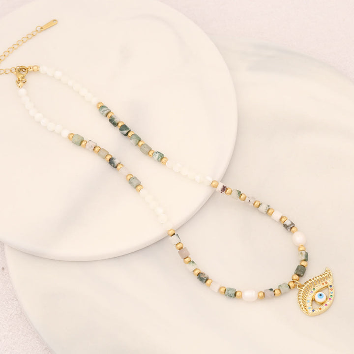 Collar con colgante de ojo malvado con piedra de cristal y perla natural de Olivenorma