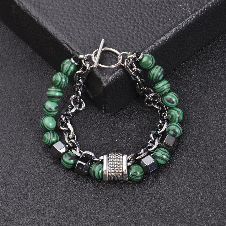 Pulsera de cadena de titanio con piedra de malaquita de 8 mm de Olivenorma