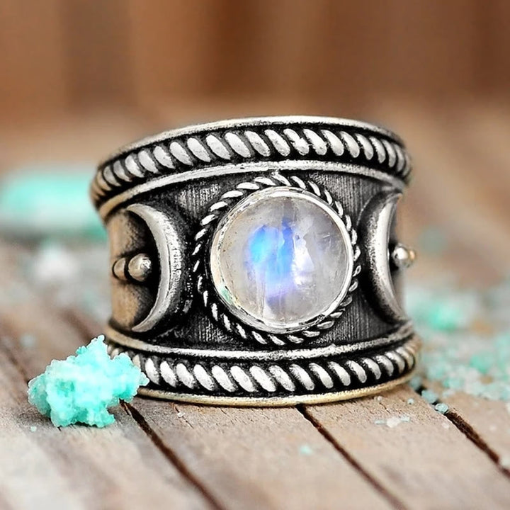 Anillo de piedra lunar bohemio Olivenorma en plata de ley