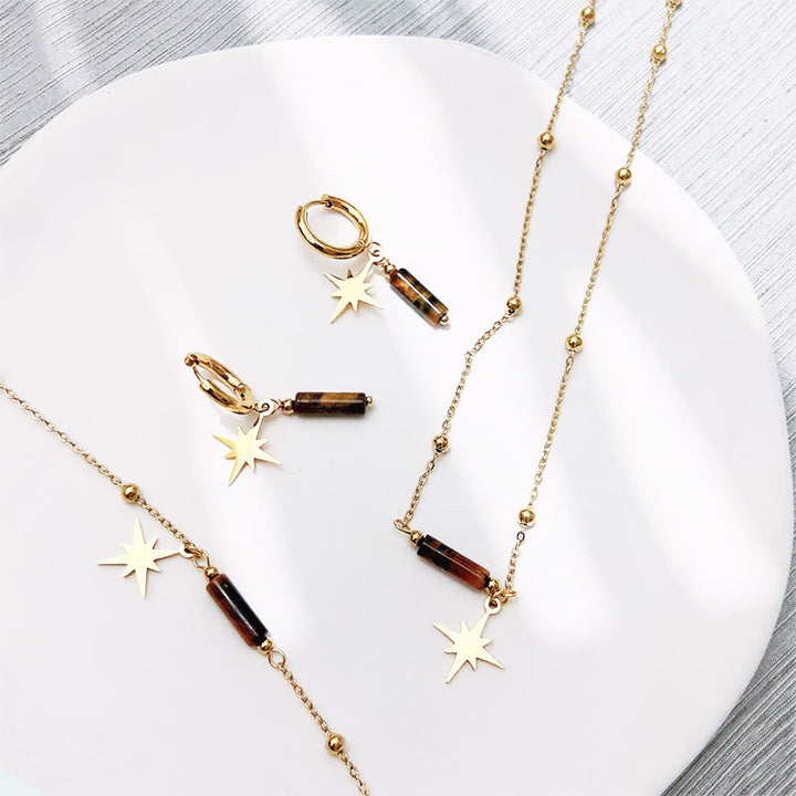 Pendientes, collar y pulsera con colgante de estrella de ojo de tigre natural de Olivenorma