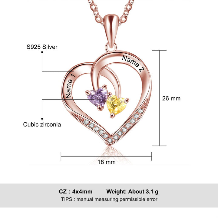 Collar con nombre grabado y dos piedras de nacimiento con promesa de corazón personalizado de Olivenorma