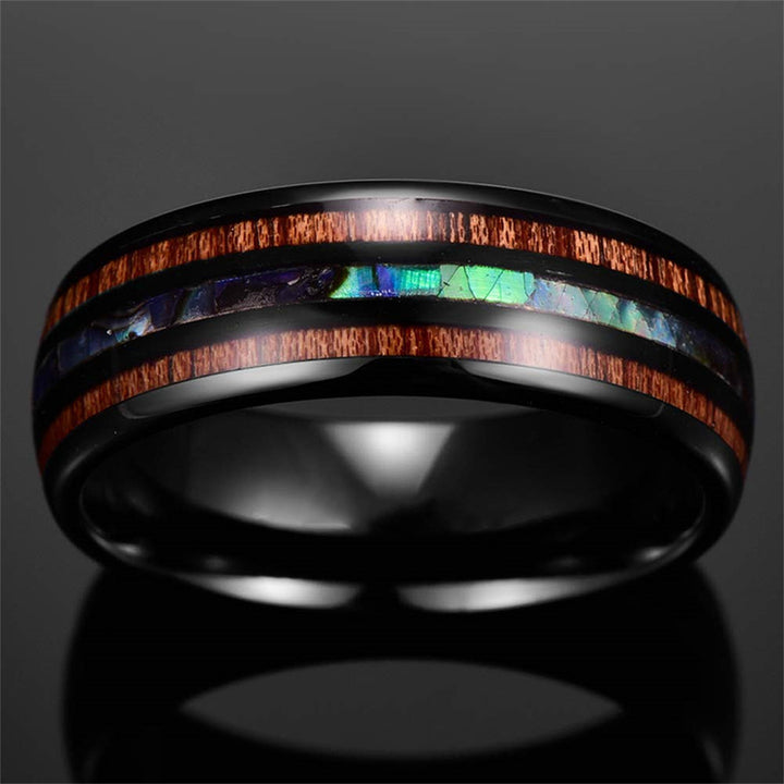 Anillo de carburo de tungsteno con concha de abulón y madera de koa de Olivenorma 