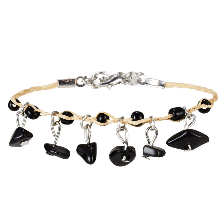 Pulsera trenzada con borlas de obsidiana, ojo de tigre y amatista de Olivenorma