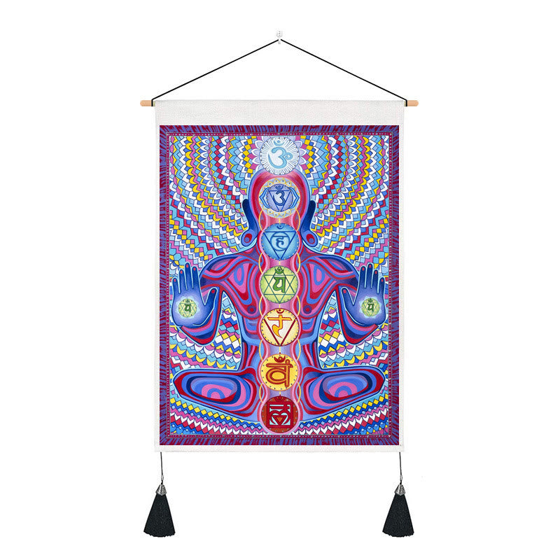 Tapiz decorativo con estampado de chakras y meditación zen de Olivenorma 