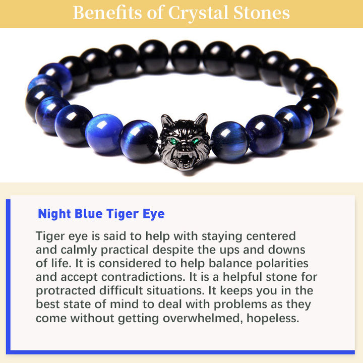 Pulsera de lobo con ojo de tigre azul noche de Olivenorma 