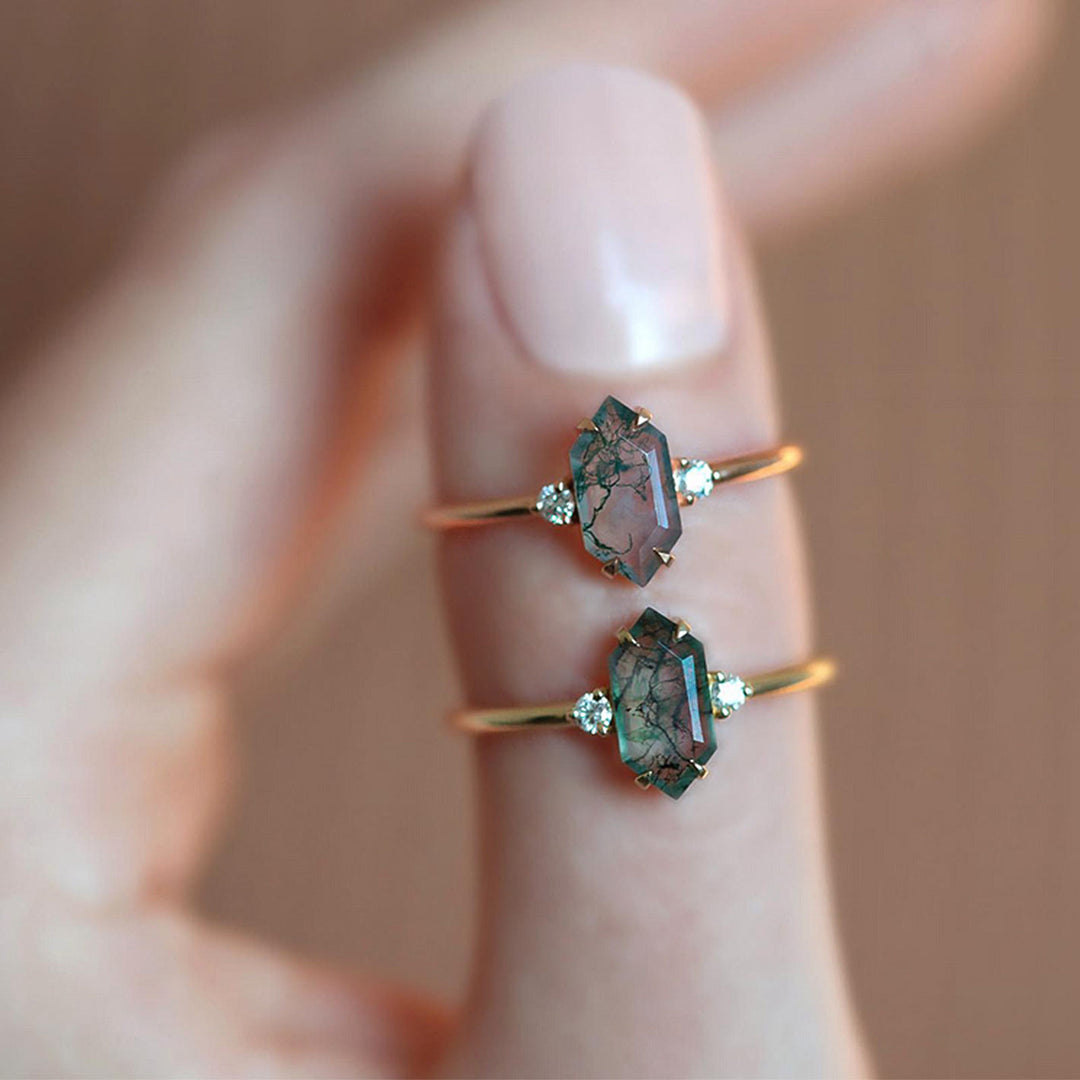 Anillo ajustable de ágata musgosa hexagonal con circonita blanca S925 de Olivenorma 