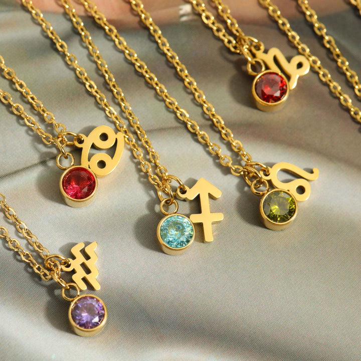Collar de acero inoxidable con piedra natal y runa del zodíaco de Olivenorma