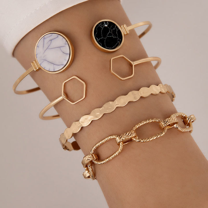 Conjunto de cinco pulseras abiertas de aleación de piedra natural Olivenorma