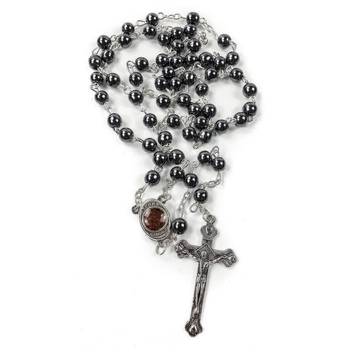 Collar rosario con cruz de Olivenorma de ónix negro y ágata roja