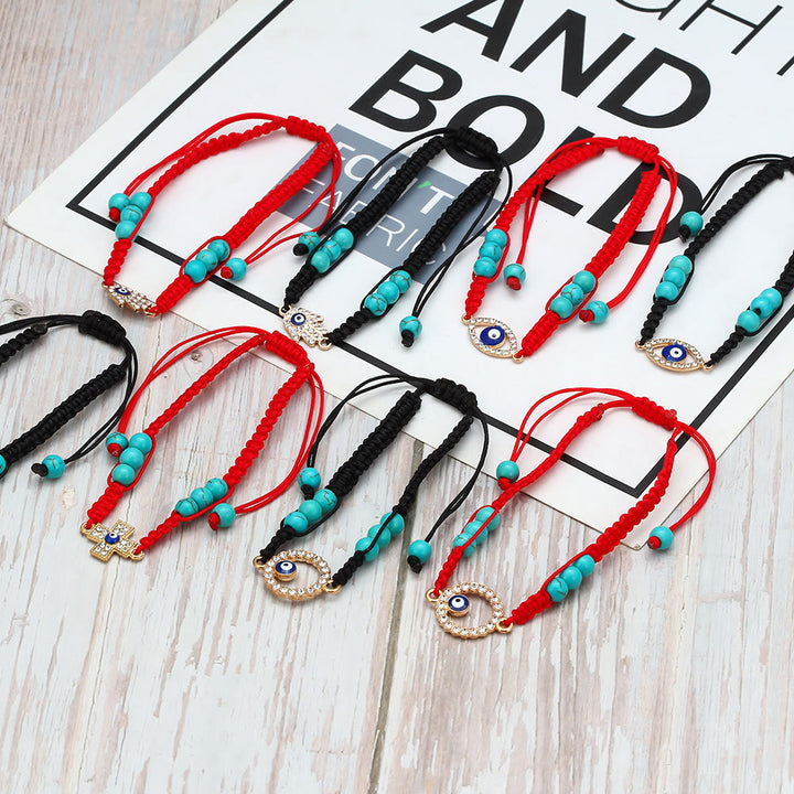 Pulsera trenzada ajustable con ojo malvado y circonita blanca y turquesa de Olivenorma 