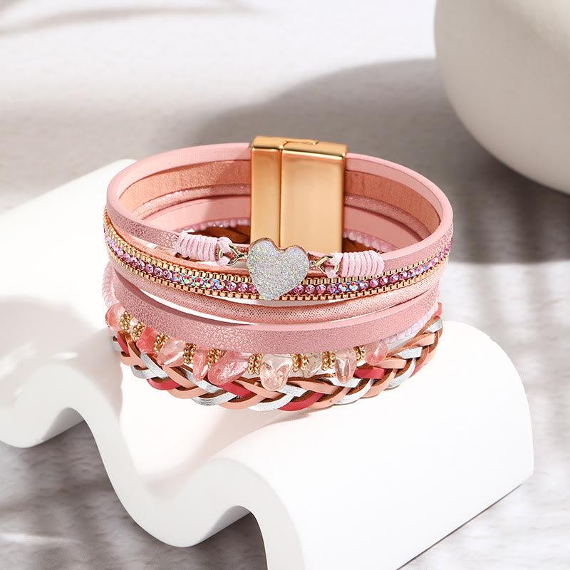Pulsera de cuero con dije de corazón y cuentas de cristal natural de Olivenorma