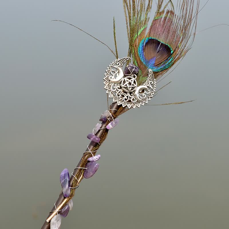 Varitas de cristal con plumas y luna de hadas naturales de Olivenorma