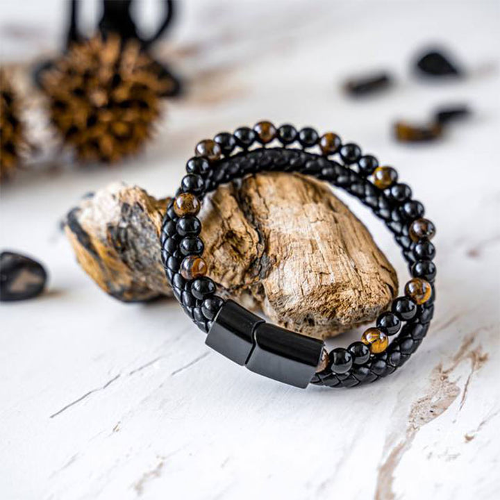 Pulsera tejida de cuero con ojo de tigre para hombre 