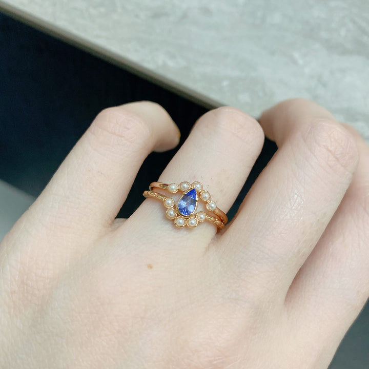Anillo de doble capa con perla de zafiro y lágrima de Olivenorma S925