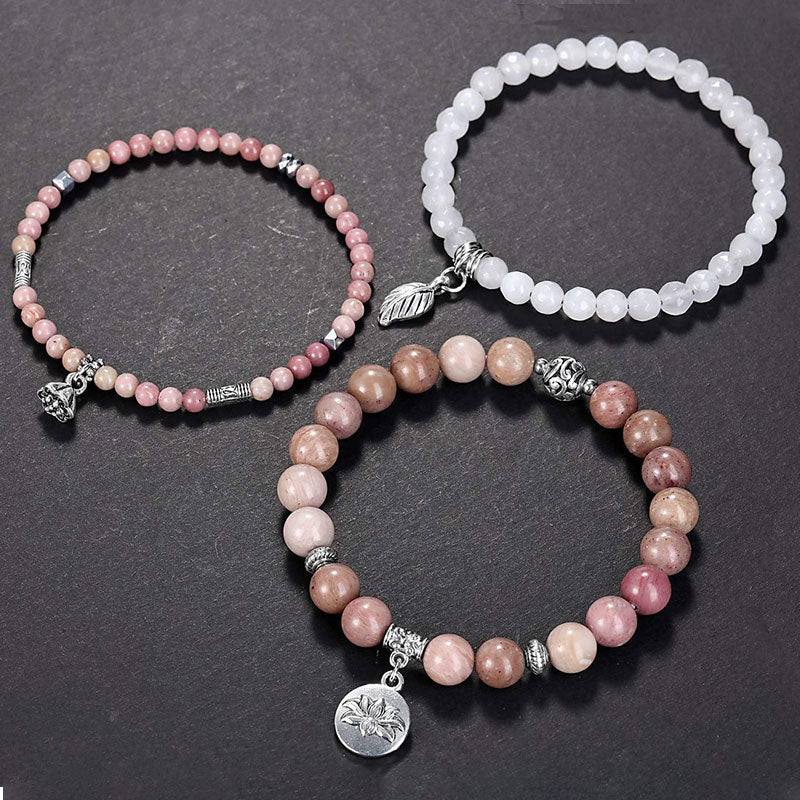 Pulsera de 3 piezas con símbolo de loto y rodocrosita de Olivenorma