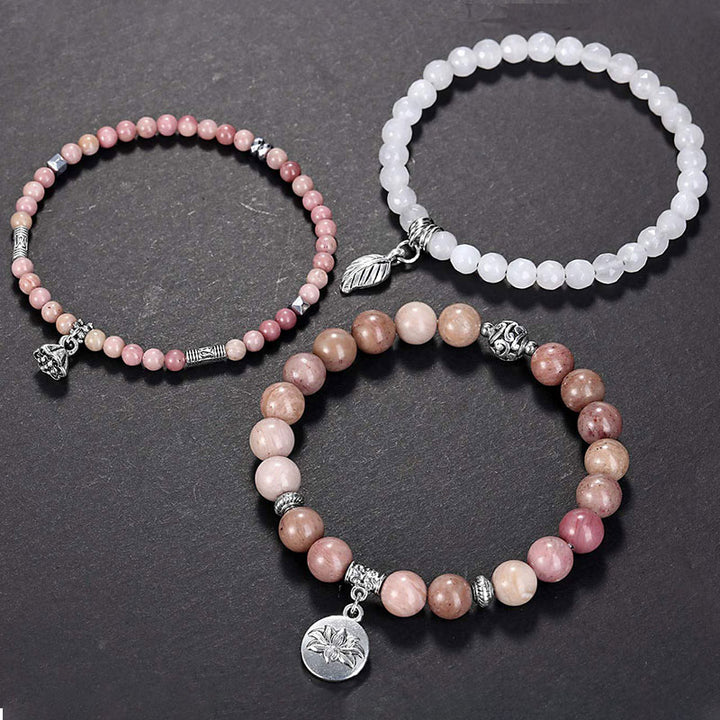 Pulsera de 3 piezas con símbolo de loto y rodocrosita de Olivenorma