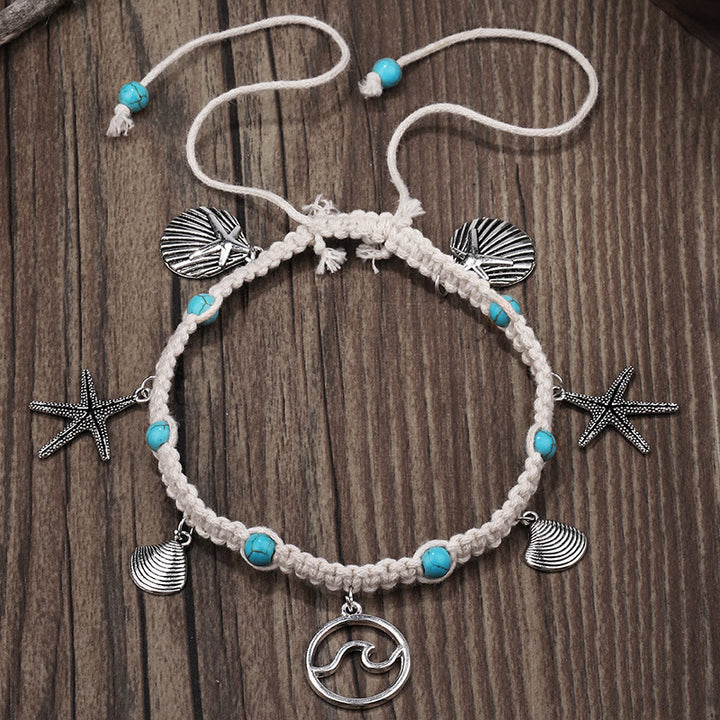 Pulsera tobillera con dije de estrella de mar turquesa y olas de Olivenorma