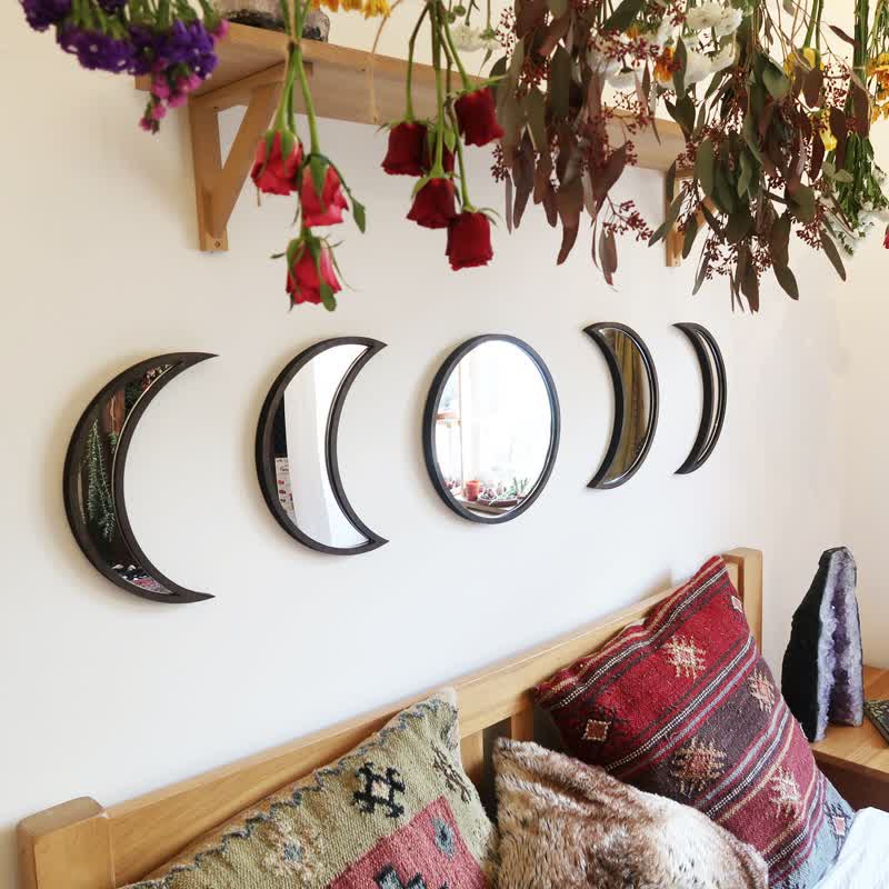 Espejos de madera originales con fases lunares para decoración de pared