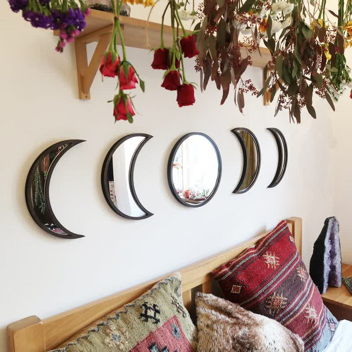 Espejos de madera originales con fases lunares para decoración de pared