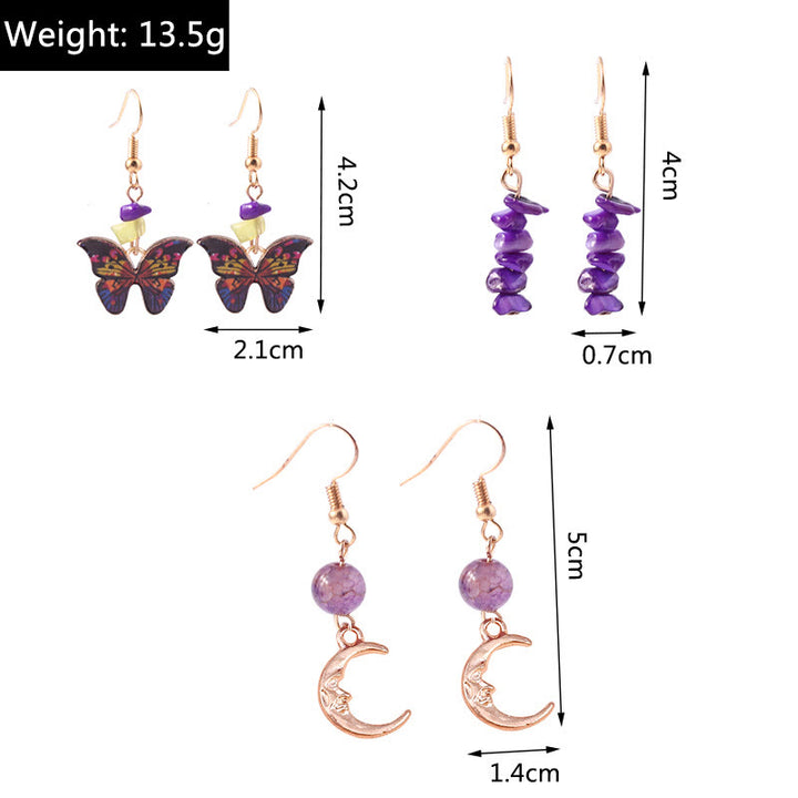 Juego de pendientes con colgante de mariposa y luna de ágata morada y amatista de Olivenorma