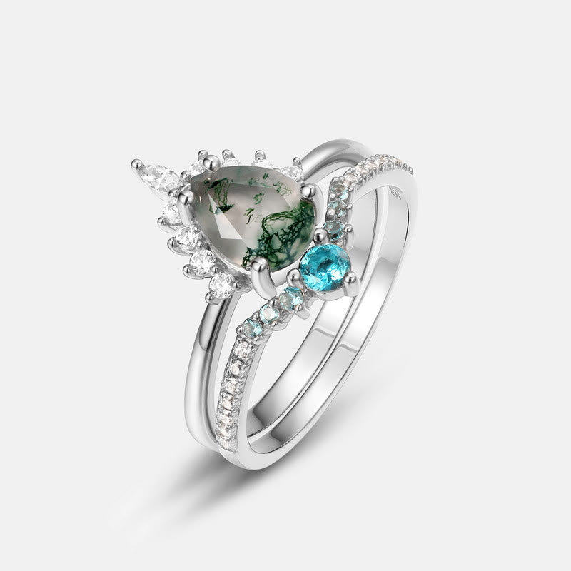 Anillo de plata 925 con ágata musgosa de Olivenorma y turmalina de Paraíba, 2 piezas