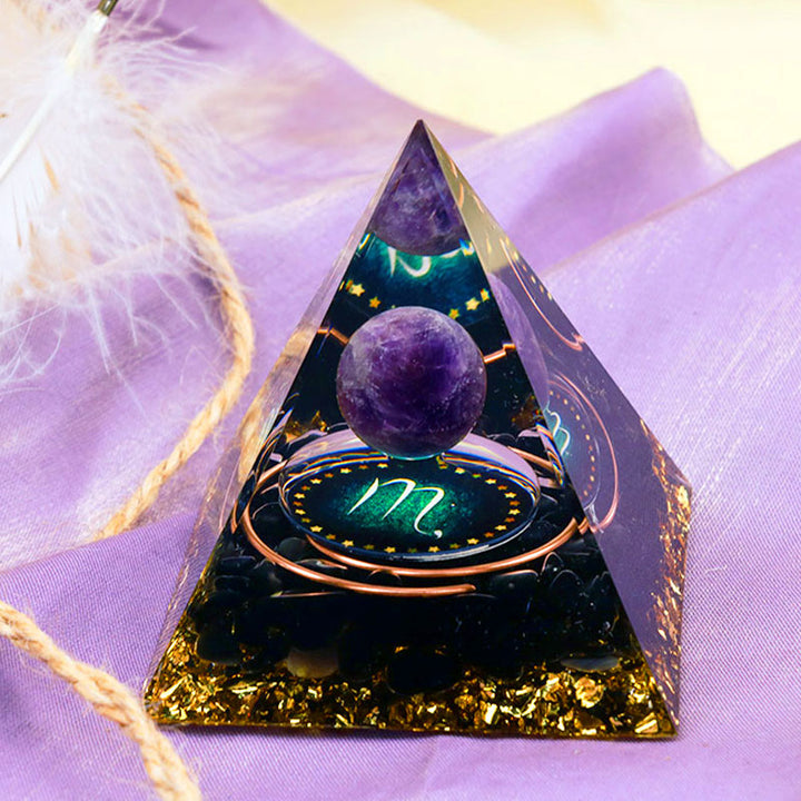 Esfera de amatista Olivenorma con obsidiana Pirámide de orgón del zodiaco Escorpio 