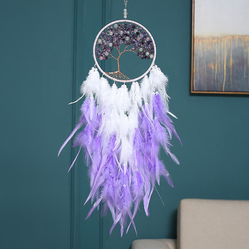 Atrapasueños de plumas rosas con forma de árbol de la vida de cristal de Olivenorma
