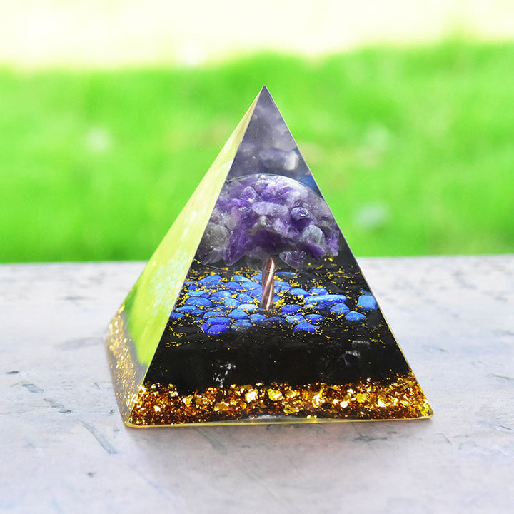 Pirámide de orgón del árbol de la vida de lapislázuli, obsidiana y amatista de Olivenorma 