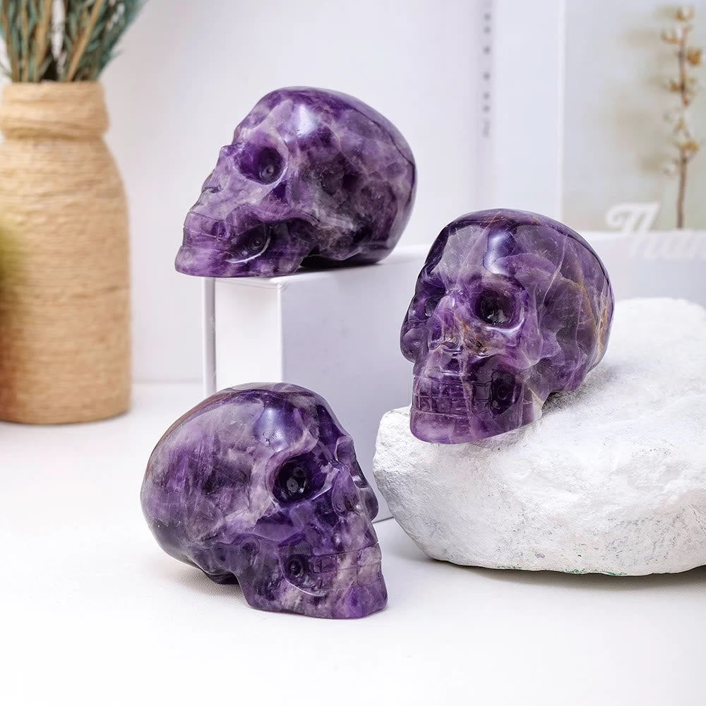 Estatua de calavera de amatista de 3 pulgadas de Olivenorma, piedra preciosa curativa decorativa 