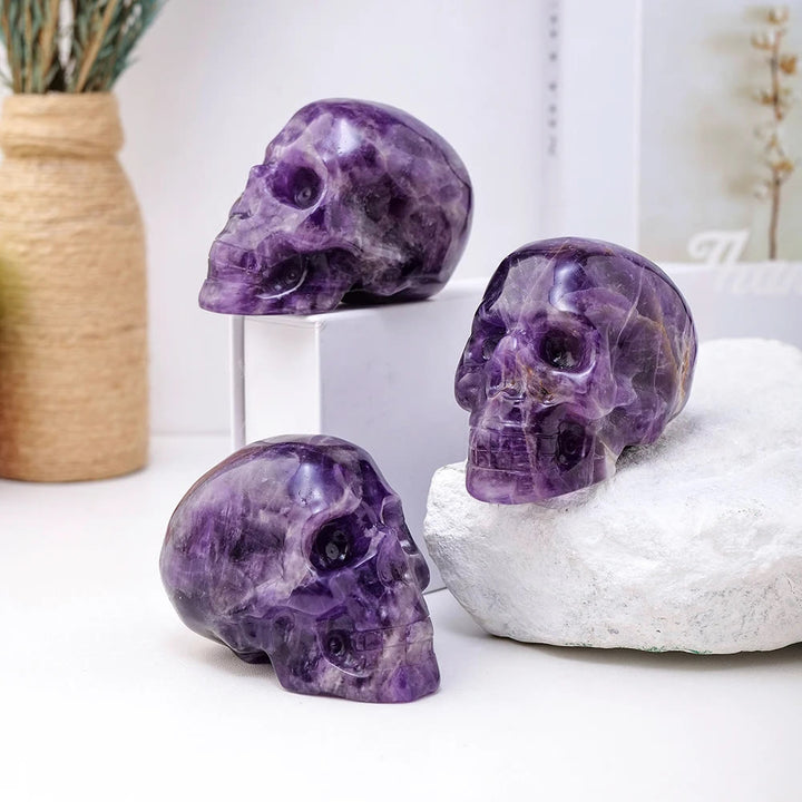 Estatua de calavera de amatista de 3 pulgadas de Olivenorma, piedra preciosa curativa decorativa 
