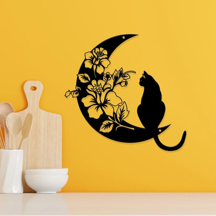 Decoración de pared de metal con forma de luna creciente y gato de Olivenorma