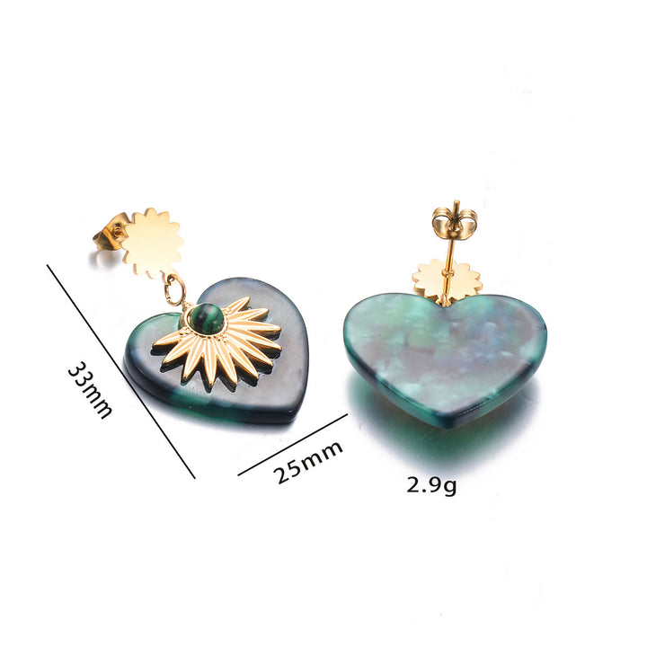 Pendientes de acero inoxidable dorados con ágata musgosa de Olivenorma en forma de corazón 
