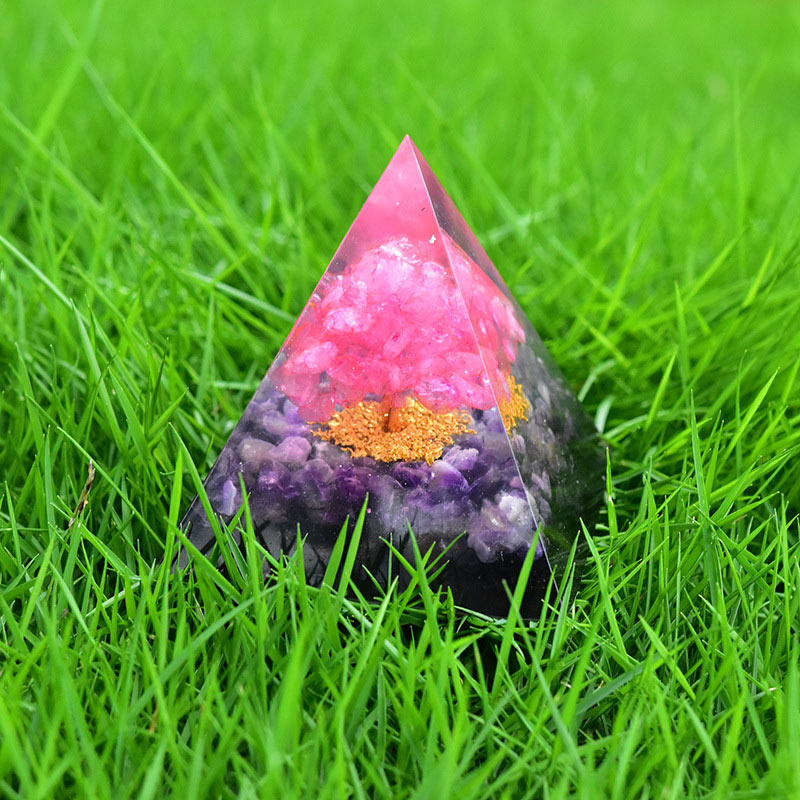 Pirámide de orgón de cristal rosa y amatista con árbol de la vida de Olivenorma