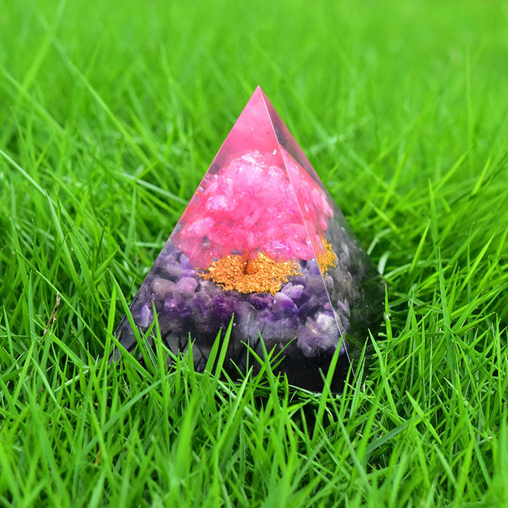 Pirámide de orgón de cristal rosa y amatista con árbol de la vida de Olivenorma