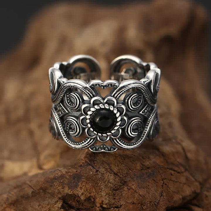 Anillo ajustable con diseño étnico de ónix negro de Olivenorma