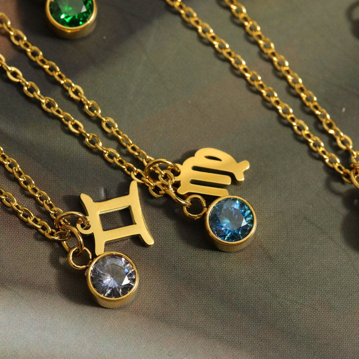 Collar de acero inoxidable con piedra natal y runa del zodíaco de Olivenorma