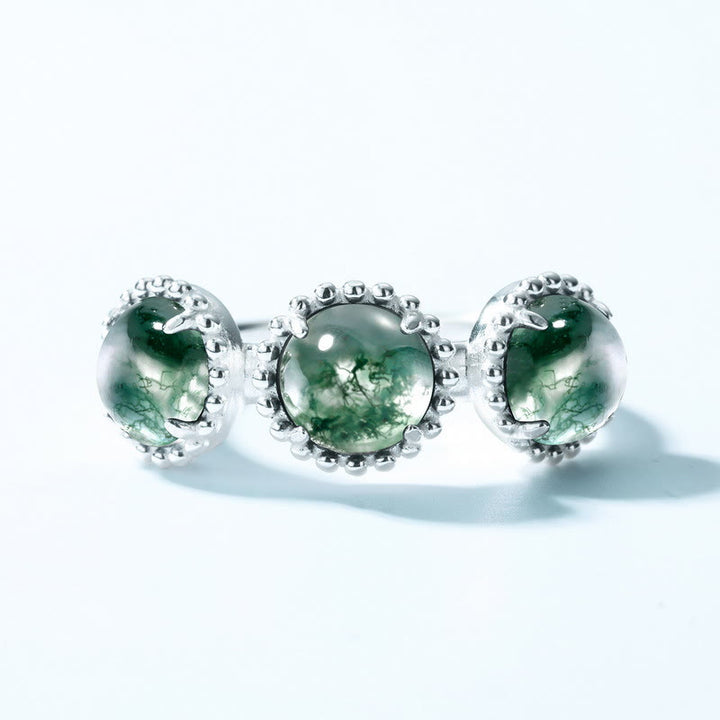 Anillo ajustable de ágata musgosa redonda de tres piezas de Olivenorma 