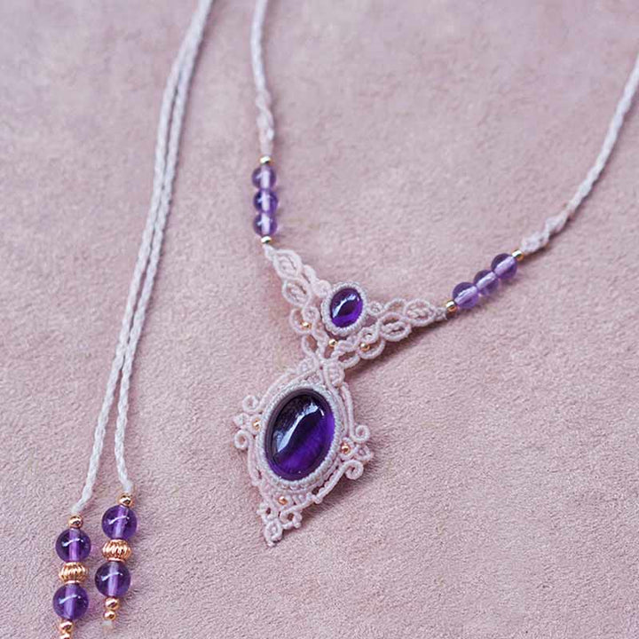 Pulsera y collar de amatista y charoita tejida a mano de Olivenorma