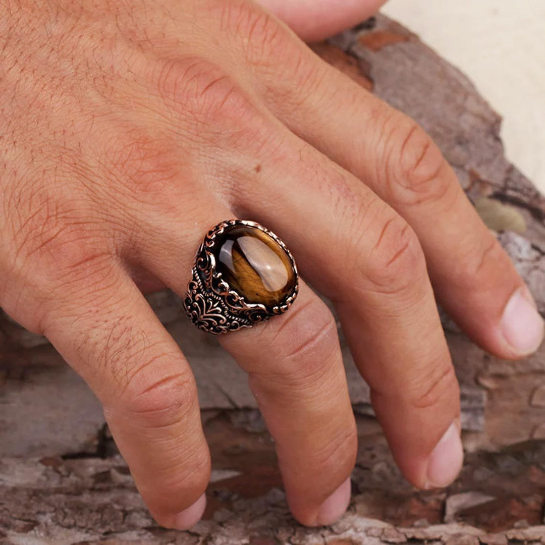 Anillo de piedra preciosa de ojo de tigre para hombre de Olivenorma