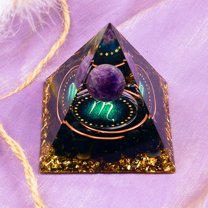 Esfera de amatista Olivenorma con obsidiana Pirámide de orgón del zodiaco Escorpio 